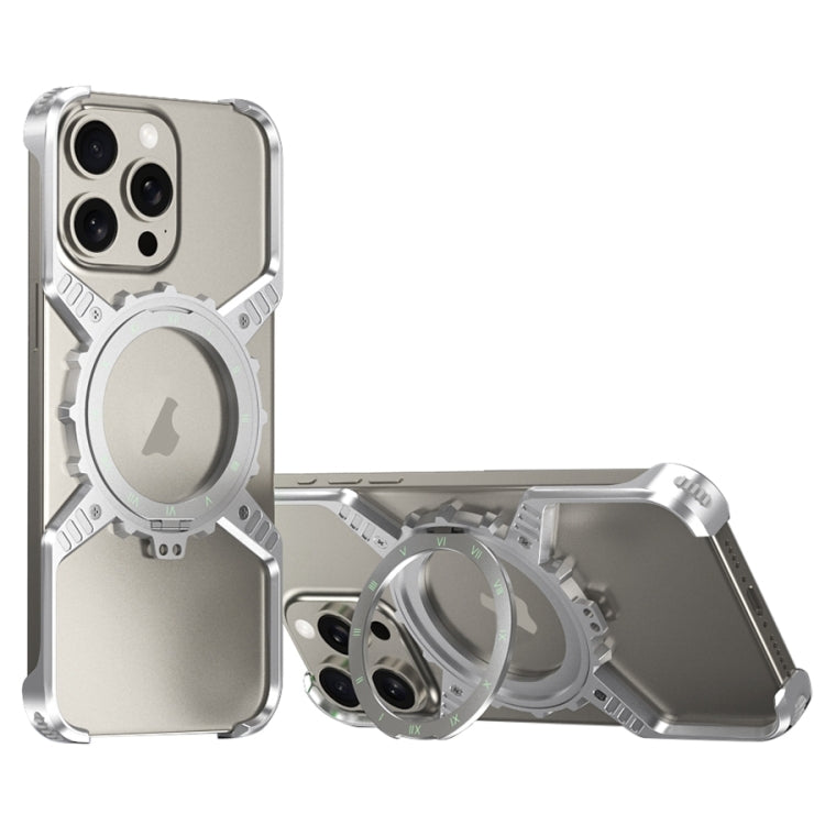 For iPhone 16 Pro Max Mechanical Gear MagSafe Holder Borderless Metal Phone Case(Silver) by buy2fix