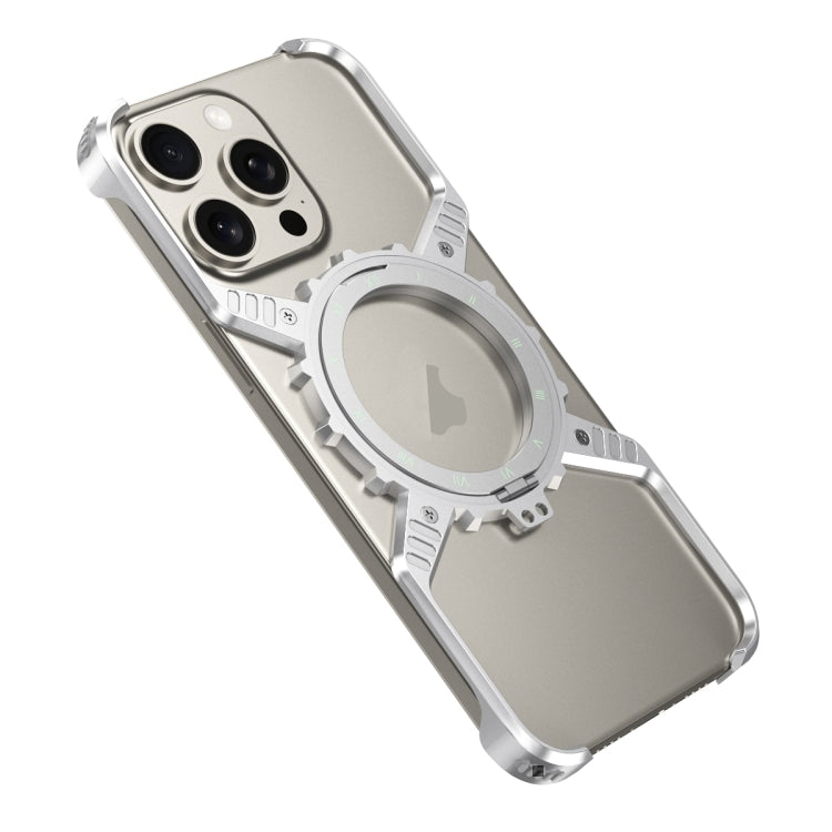 For iPhone 16 Pro Mechanical Gear MagSafe Holder Borderless Metal Phone Case(Silver) by buy2fix