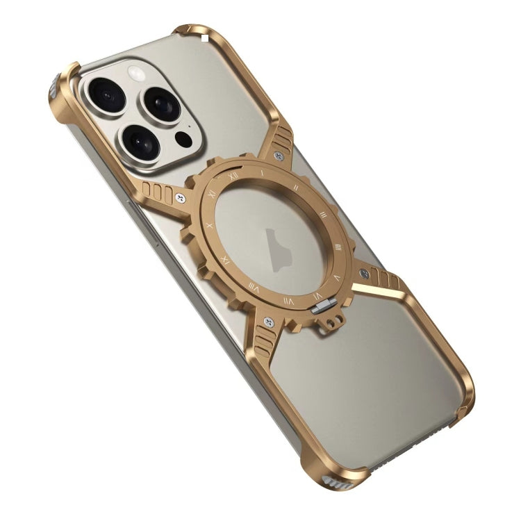 For iPhone 16 Pro Mechanical Gear MagSafe Holder Borderless Metal Phone Case(Gold) by buy2fix