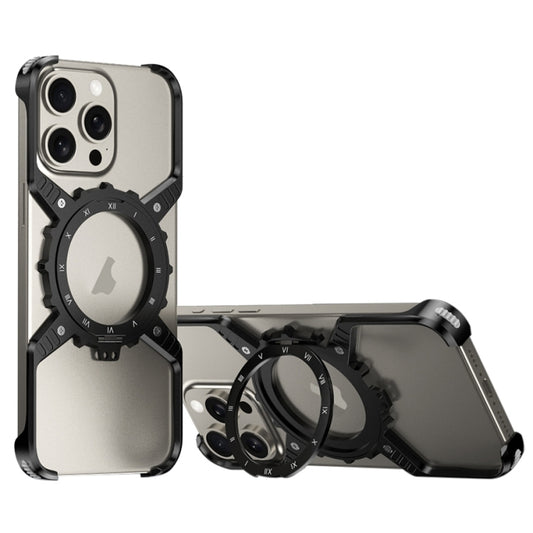 For iPhone 15 / 14 / 13 Pro Max Mechanical Gear MagSafe Holder Borderless Metal Phone Case(Black) - iPhone 15 Pro Max Cases by buy2fix | Online Shopping UK | buy2fix