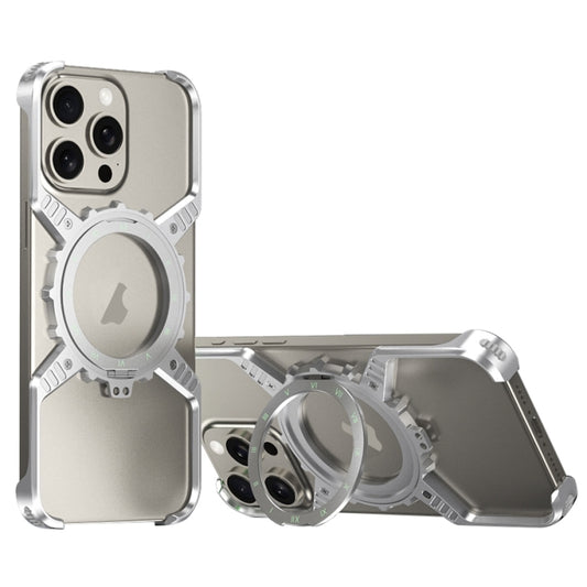 For iPhone 15 / 14 / 13 Pro Max Mechanical Gear MagSafe Holder Borderless Metal Phone Case(Silver) - iPhone 15 Pro Max Cases by buy2fix | Online Shopping UK | buy2fix