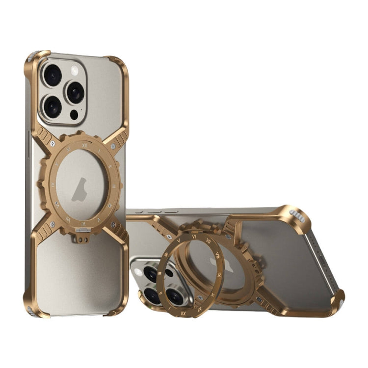 For iPhone 15 / 14 / 13 Pro Max Mechanical Gear MagSafe Holder Borderless Metal Phone Case(Gold) - iPhone 15 Pro Max Cases by buy2fix | Online Shopping UK | buy2fix