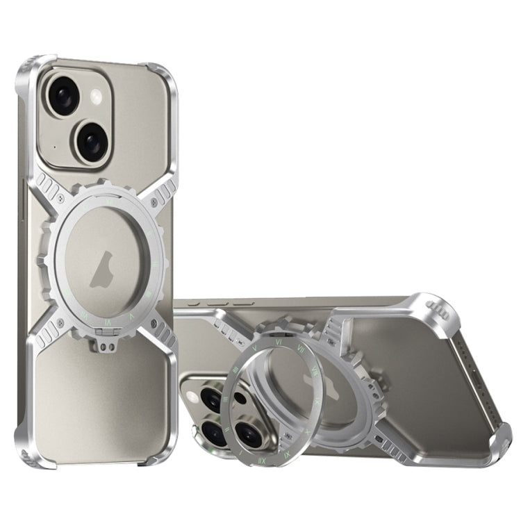 For iPhone 15 / 14 / 13 Mechanical Gear MagSafe Holder Borderless Metal Phone Case(Silver) - iPhone 15 Cases by buy2fix | Online Shopping UK | buy2fix