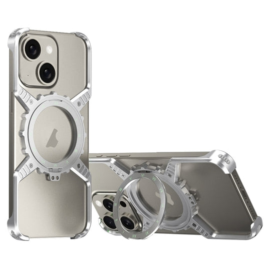 For iPhone 15 / 14 / 13 Mechanical Gear MagSafe Holder Borderless Metal Phone Case(Silver) - iPhone 15 Cases by buy2fix | Online Shopping UK | buy2fix