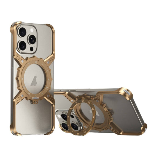 For iPhone 16 Plus / 15 Pro Max Mechanical Gear MagSafe Holder Borderless Metal Phone Case(Gold)