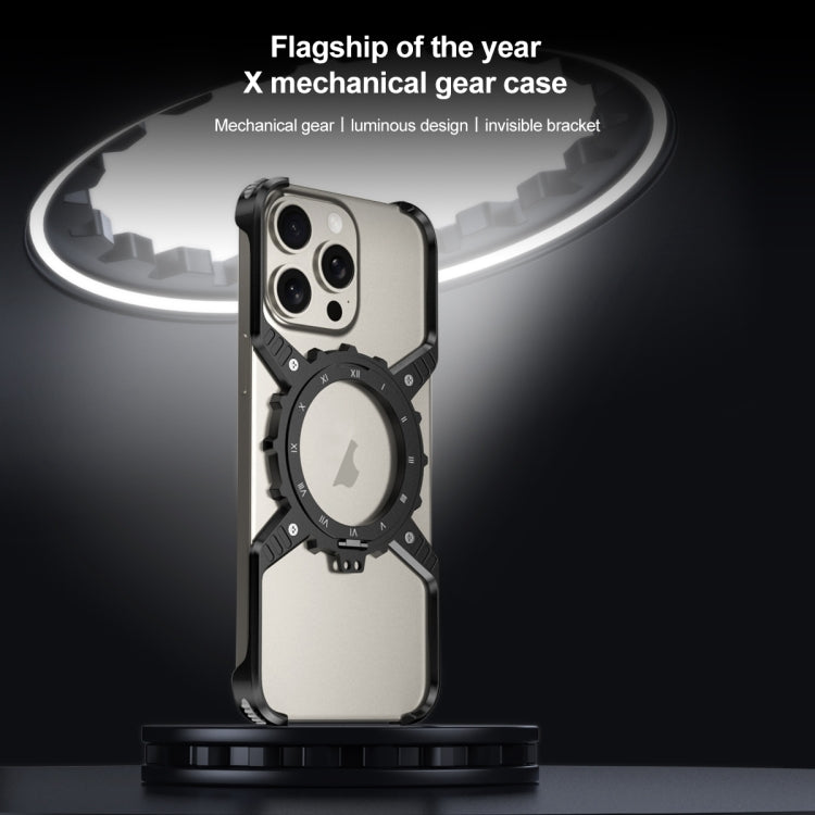 For iPhone 15 Pro / 14 Pro / 13 Pro Mechanical Gear MagSafe Holder Borderless Metal Phone Case(Silver) - iPhone 15 Pro Cases by buy2fix | Online Shopping UK | buy2fix
