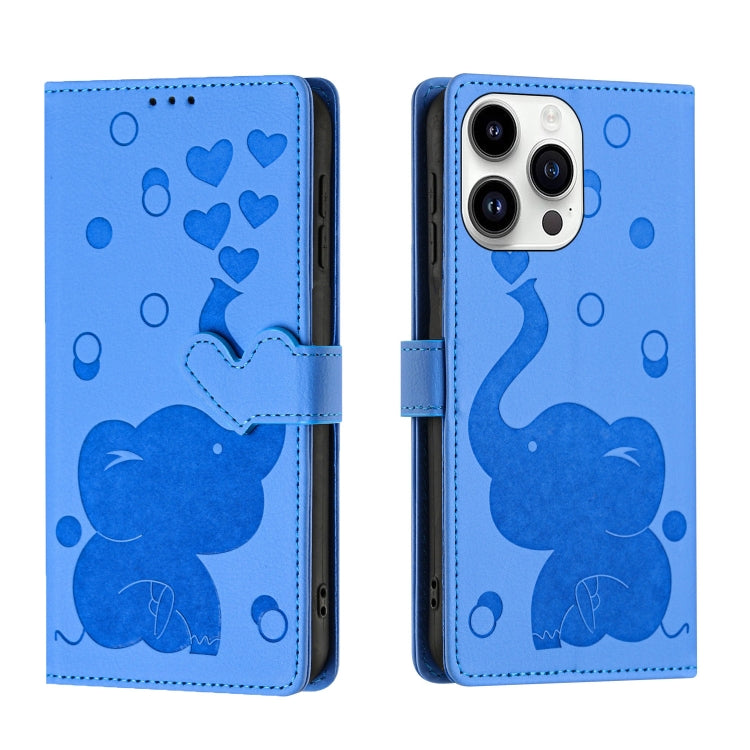 For iPhone 16 Pro Max Cartoon Elephant Embossed Leather Phone Case(Blue) by buy2fix