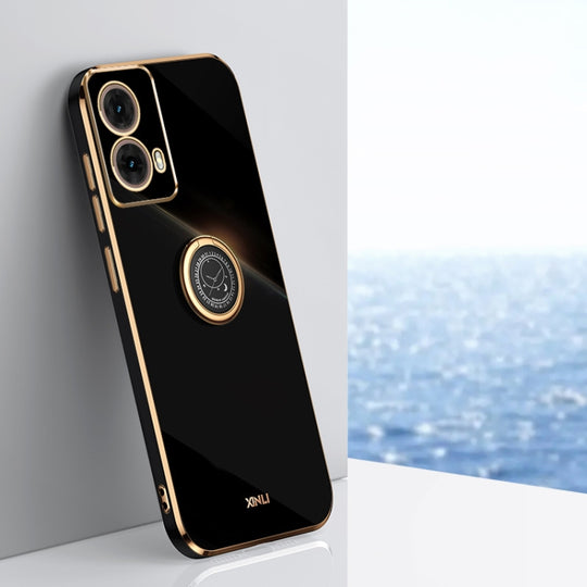For Motorola Moto G85 XINLI Straight Edge 6D Electroplate TPU Phone Case with Ring Holder(Black)