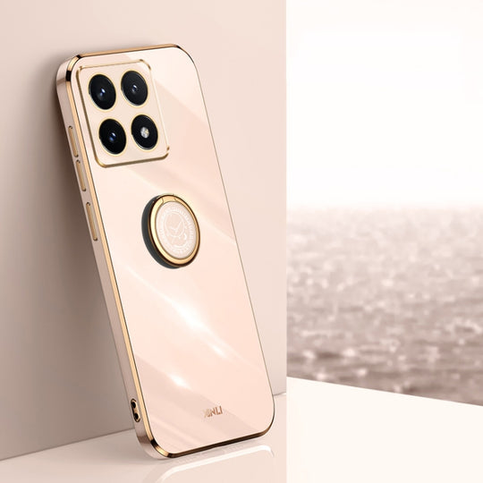 For Xiaomi 14T Pro 5G Global XINLI Straight 6D Plating Gold Edge TPU Shockproof Case with Ring Holder(Pink)
