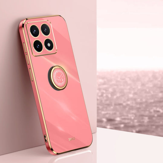 For Xiaomi 14T Pro 5G Global XINLI Straight 6D Plating Gold Edge TPU Shockproof Case with Ring Holder(Hawthorn Red)