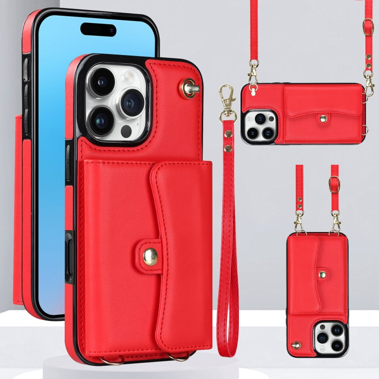 For iPhone 16 Pro Max RFID Card Slot Phone Case with Long Lanyard(Red) by buy2fix