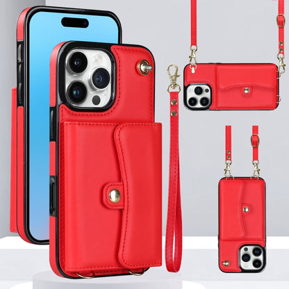 For iPhone 16 Pro Max RFID Card Slot Phone Case with Long Lanyard(Red) by buy2fix