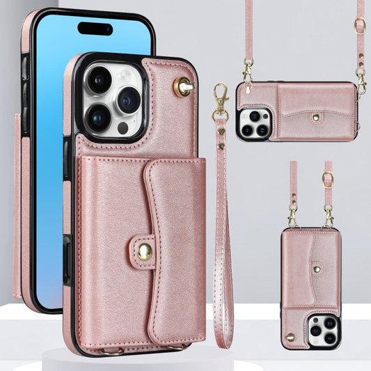 For iPhone 16 Pro Max RFID Card Slot Phone Case with Long Lanyard(Rose Gold) by buy2fix