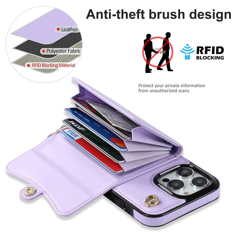 For iPhone 16 Pro Max RFID Card Slot Phone Case with Long Lanyard(Purple) by buy2fix