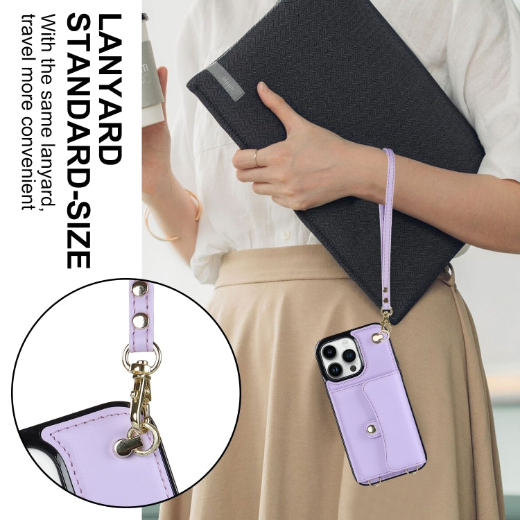 For iPhone 16 Pro Max RFID Card Slot Phone Case with Long Lanyard(Purple) by buy2fix