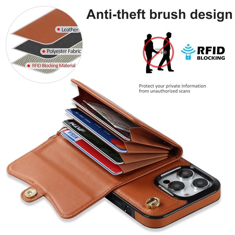 For iPhone 16 Pro Max RFID Card Slot Phone Case with Long Lanyard(Brown) by buy2fix