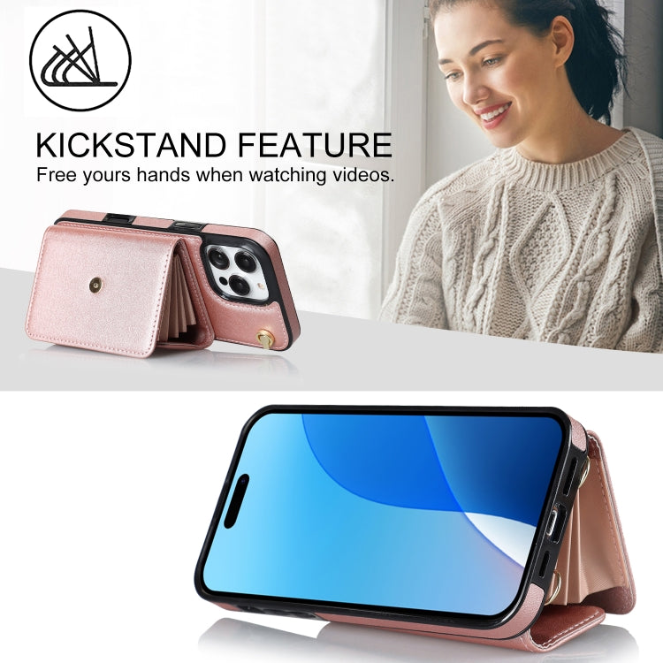For iPhone 16 Pro RFID Card Slot Phone Case with Long Lanyard(Rose Gold) by buy2fix