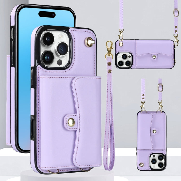 For iPhone 16 Pro RFID Card Slot Phone Case with Long Lanyard(Purple) by buy2fix