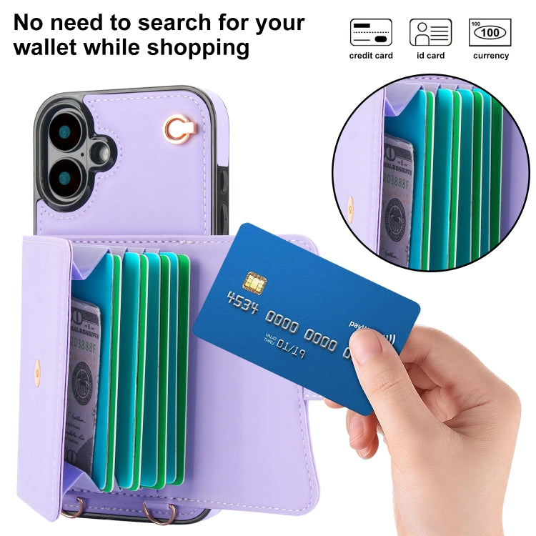 For iPhone 16 Plus RFID Card Slot Phone Case with Long Lanyard(Purple) - iPhone 16 Plus Cases by buy2fix | Online Shopping UK | buy2fix