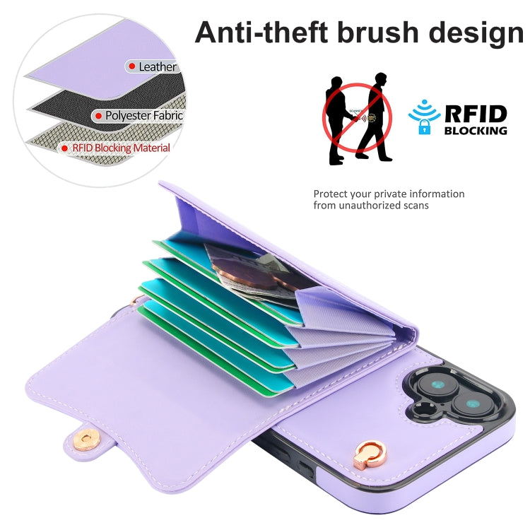 For iPhone 16 Plus RFID Card Slot Phone Case with Long Lanyard(Purple) - iPhone 16 Plus Cases by buy2fix | Online Shopping UK | buy2fix
