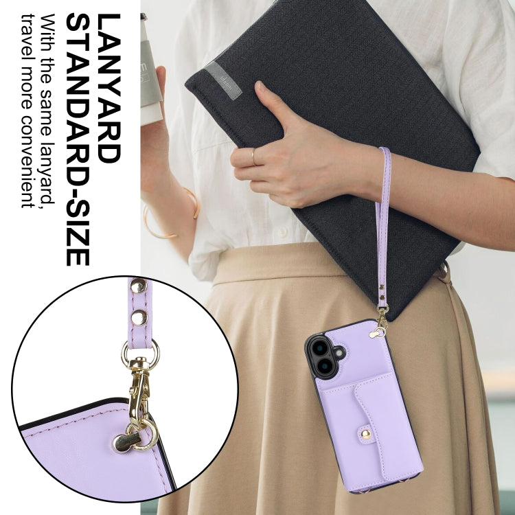 For iPhone 16 Plus RFID Card Slot Phone Case with Long Lanyard(Purple) - iPhone 16 Plus Cases by buy2fix | Online Shopping UK | buy2fix