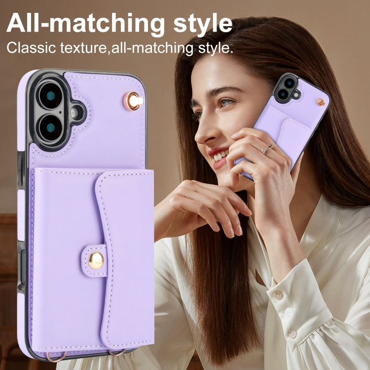 For iPhone 16 Plus RFID Card Slot Phone Case with Long Lanyard(Purple) - iPhone 16 Plus Cases by buy2fix | Online Shopping UK | buy2fix
