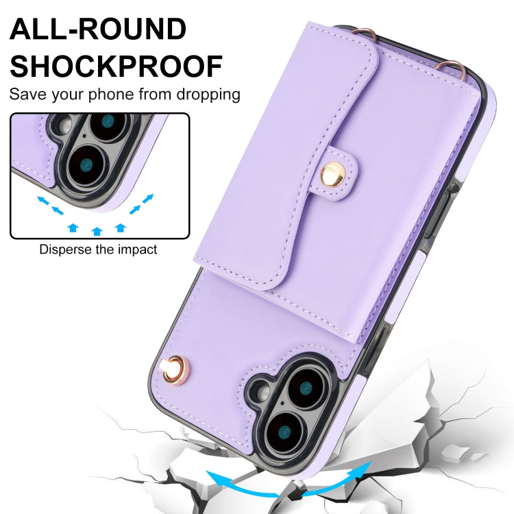 For iPhone 16 Plus RFID Card Slot Phone Case with Long Lanyard(Purple) - iPhone 16 Plus Cases by buy2fix | Online Shopping UK | buy2fix