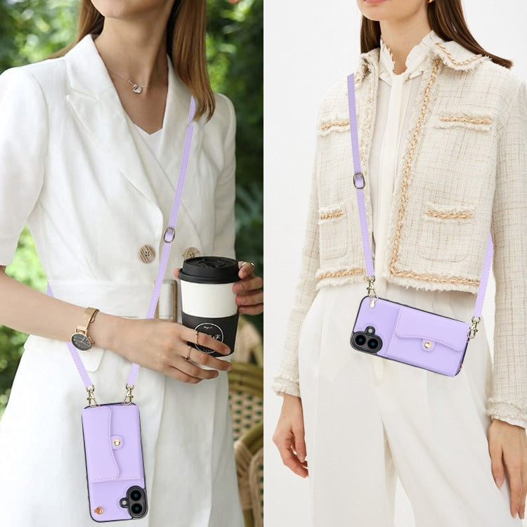 For iPhone 16 Plus RFID Card Slot Phone Case with Long Lanyard(Purple) - iPhone 16 Plus Cases by buy2fix | Online Shopping UK | buy2fix