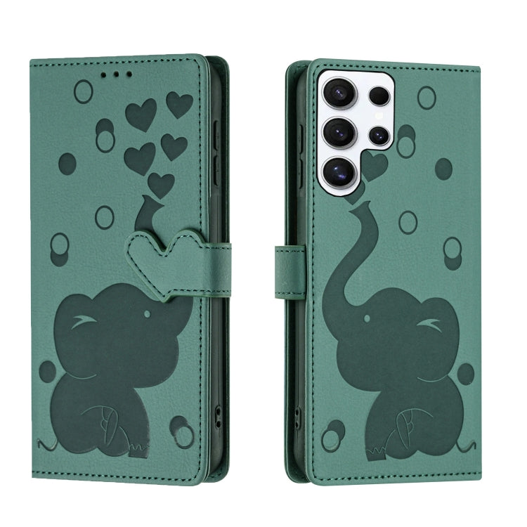 For Samsung Galaxy S25 Ultra 5G Cartoon Elephant Embossed Leather Phone Case(Green) by buy2fix