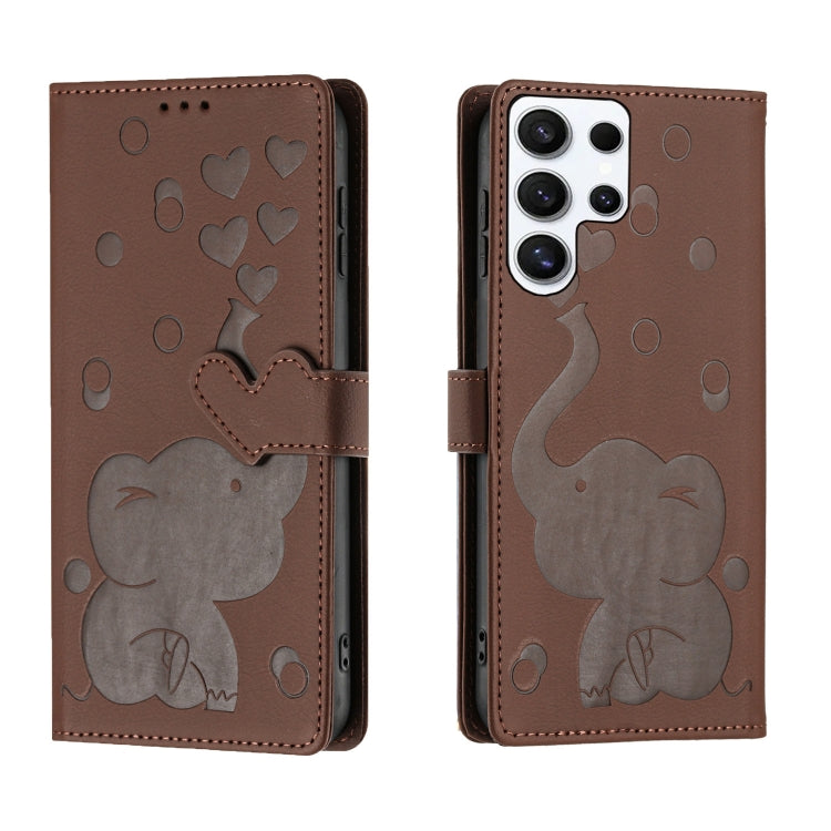 For Samsung Galaxy S25 Ultra 5G Cartoon Elephant Embossed Leather Phone Case(Brown) by buy2fix