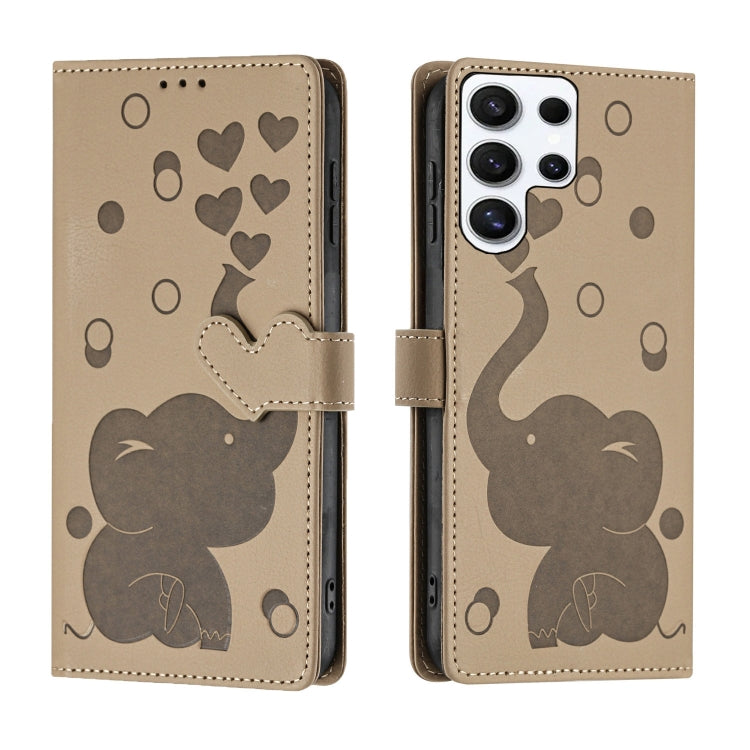 For Samsung Galaxy S25 Ultra 5G Cartoon Elephant Embossed Leather Phone Case(Khaki) by buy2fix