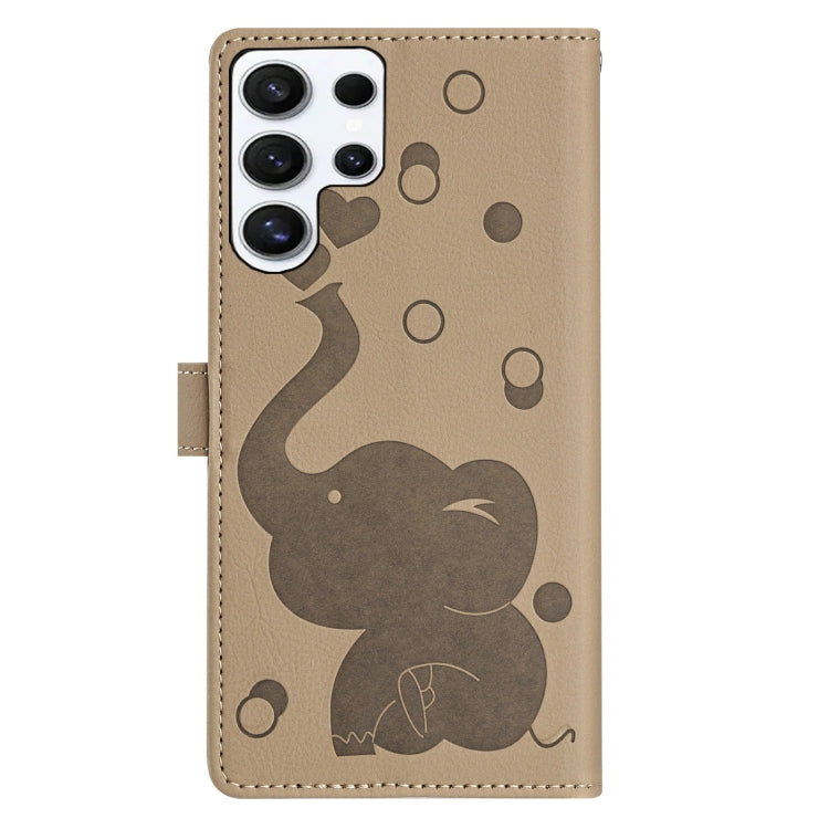 For Samsung Galaxy S25 Ultra 5G Cartoon Elephant Embossed Leather Phone Case(Khaki) by buy2fix
