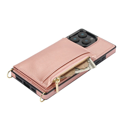 For iPhone 16 Pro Max Square Zipper Wallet Bag TPU+PU Back Cover Case(Rose Gold) by buy2fix
