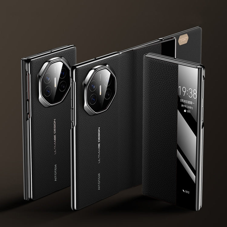 For Huawei Mate XT Ultimate Design View Window Genuine Leather Electroplating Phone Case(Black) - Huawei Cases by buy2fix | Online Shopping UK | buy2fix