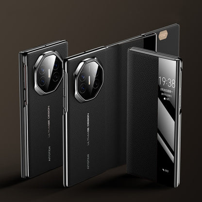 For Huawei Mate XT Ultimate Design View Window Genuine Leather Electroplating Phone Case(Black) - Huawei Cases by buy2fix | Online Shopping UK | buy2fix