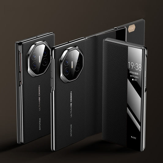 For Huawei Mate XT Ultimate Design View Window Genuine Leather Electroplating Phone Case(Black) - Huawei Cases by buy2fix | Online Shopping UK | buy2fix