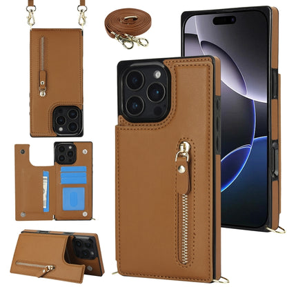 For iPhone 16 Pro Max Cross-body Zipper Square Phone Case(Brown) - iPhone 16 Pro Max Cases by buy2fix | Online Shopping UK | buy2fix