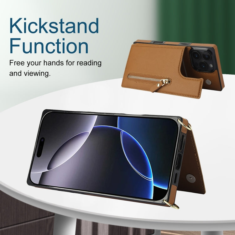 For iPhone 16 Pro Max Cross-body Zipper Square Phone Case(Brown) - iPhone 16 Pro Max Cases by buy2fix | Online Shopping UK | buy2fix