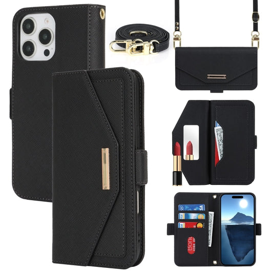 For iPhone 16 Pro Max Cross Texture Crossbody Lanyard Leather Phone Case(Black) by buy2fix