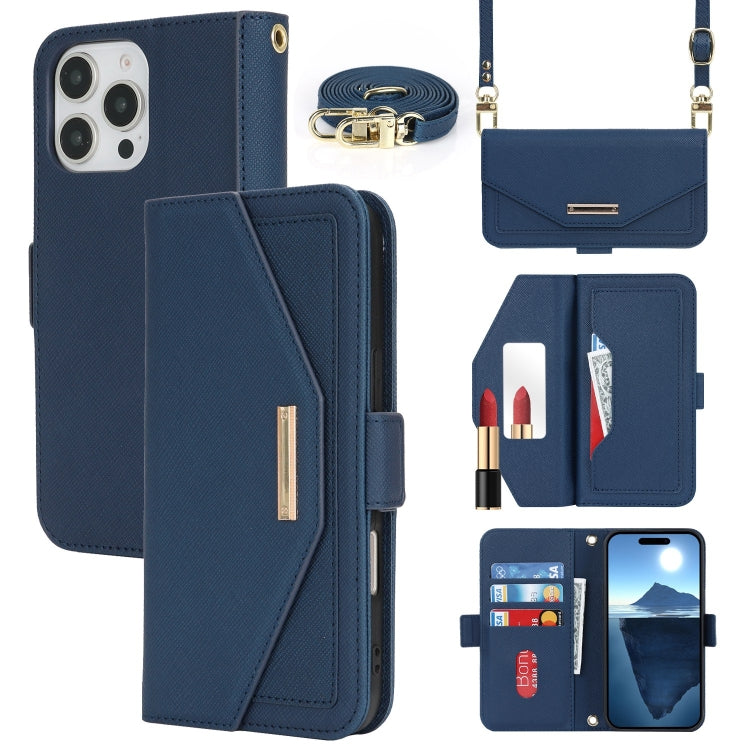 For iPhone 16 Pro Max Cross Texture Crossbody Lanyard Leather Phone Case(Blue) by buy2fix