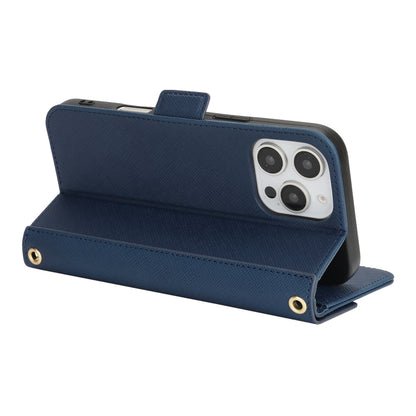 For iPhone 16 Pro Max Cross Texture Crossbody Lanyard Leather Phone Case(Blue) by buy2fix