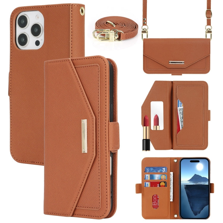 For iPhone 16 Pro Max Cross Texture Crossbody Lanyard Leather Phone Case(Brown) by buy2fix