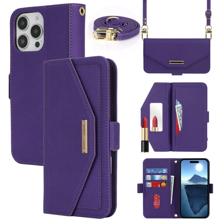 For iPhone 16 Pro Max Cross Texture Crossbody Lanyard Leather Phone Case(Purple) by buy2fix