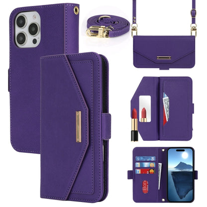 For iPhone 16 Pro Max Cross Texture Crossbody Lanyard Leather Phone Case(Purple) by buy2fix