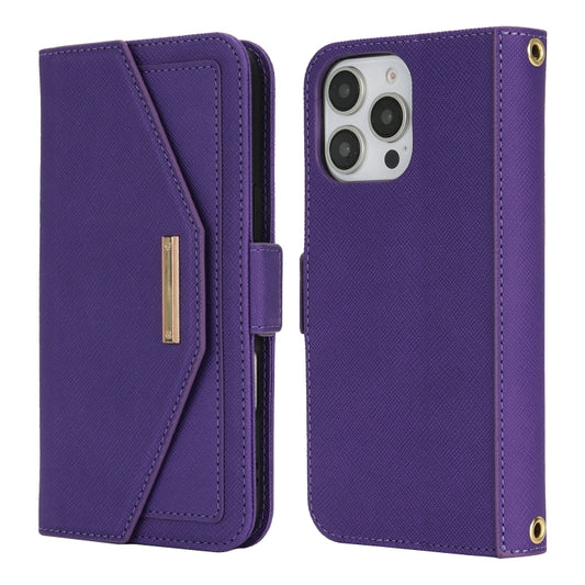 For iPhone 16 Pro Max Cross Texture Crossbody Lanyard Leather Phone Case(Purple) by buy2fix