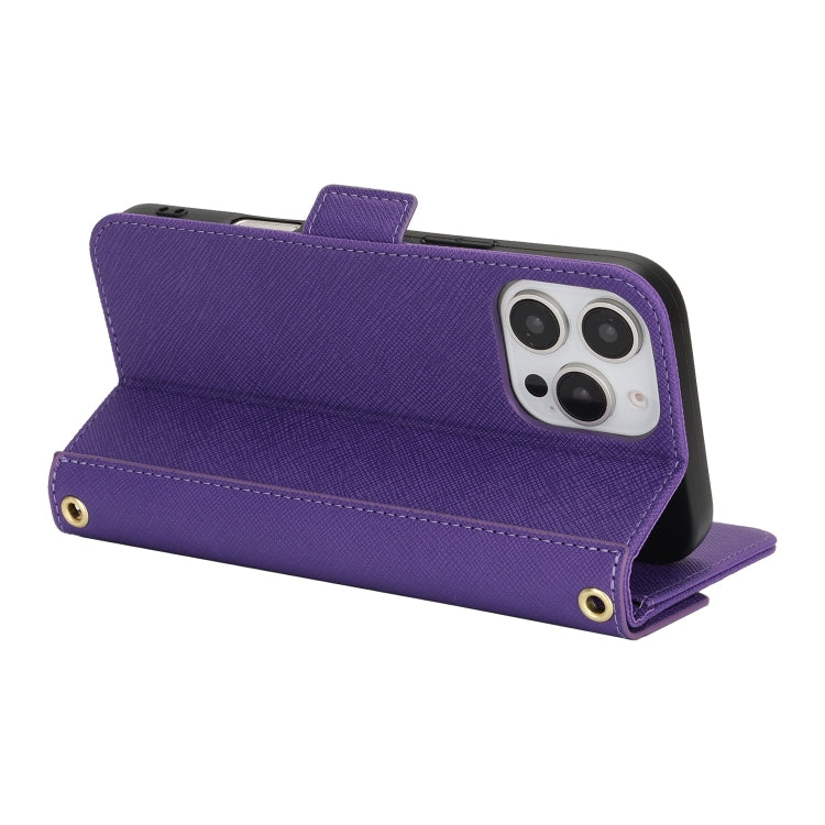 For iPhone 16 Pro Max Cross Texture Crossbody Lanyard Leather Phone Case(Purple) by buy2fix