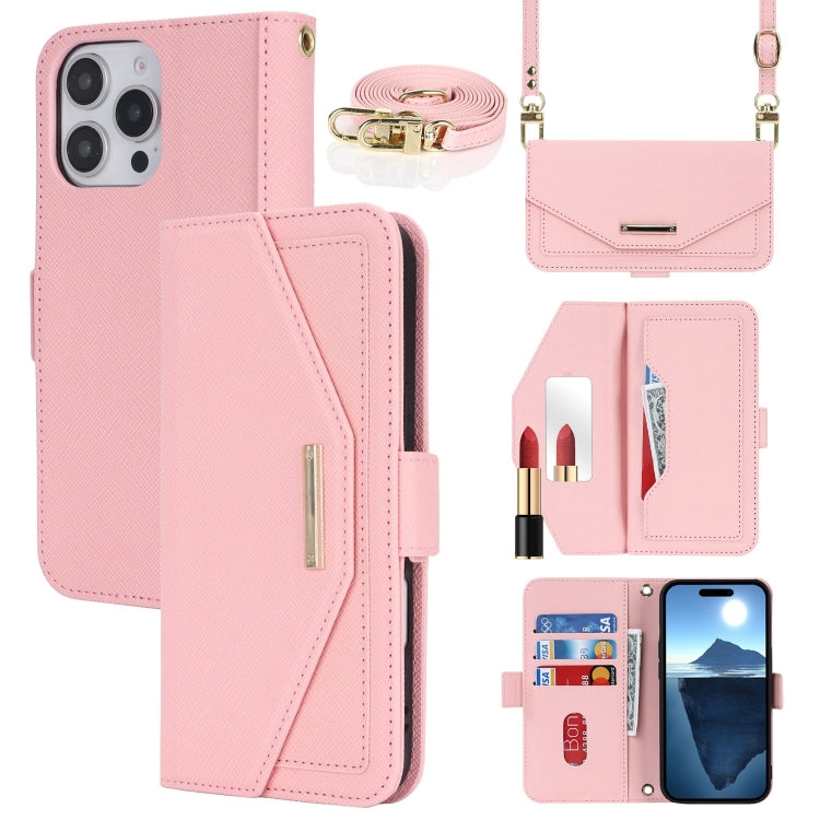 For iPhone 16 Pro Max Cross Texture Crossbody Lanyard Leather Phone Case(Pink) by buy2fix