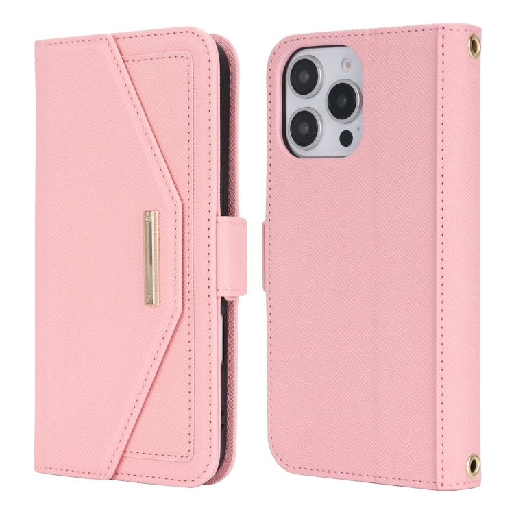 For iPhone 16 Pro Max Cross Texture Crossbody Lanyard Leather Phone Case(Pink) by buy2fix