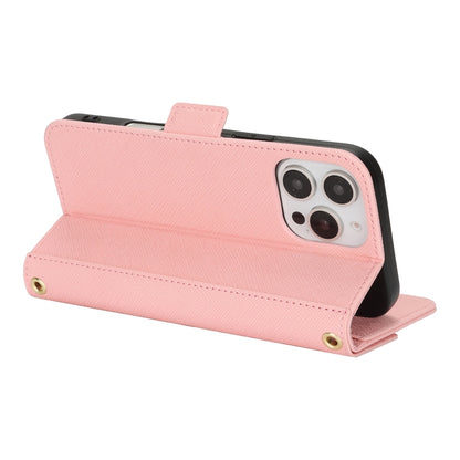 For iPhone 16 Pro Max Cross Texture Crossbody Lanyard Leather Phone Case(Pink) by buy2fix