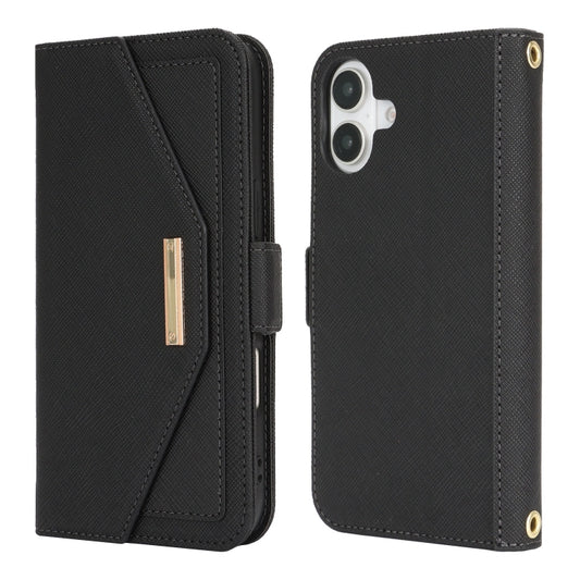 For iPhone 16 Plus Cross Texture Crossbody Lanyard Leather Phone Case(Black) - iPhone 16 Plus Cases by buy2fix | Online Shopping UK | buy2fix